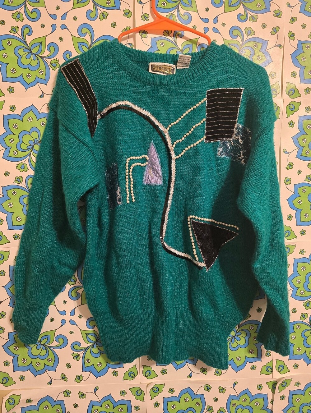 Vintage Teal Embellished Crewneck Sweater with Black & Purple Accents
